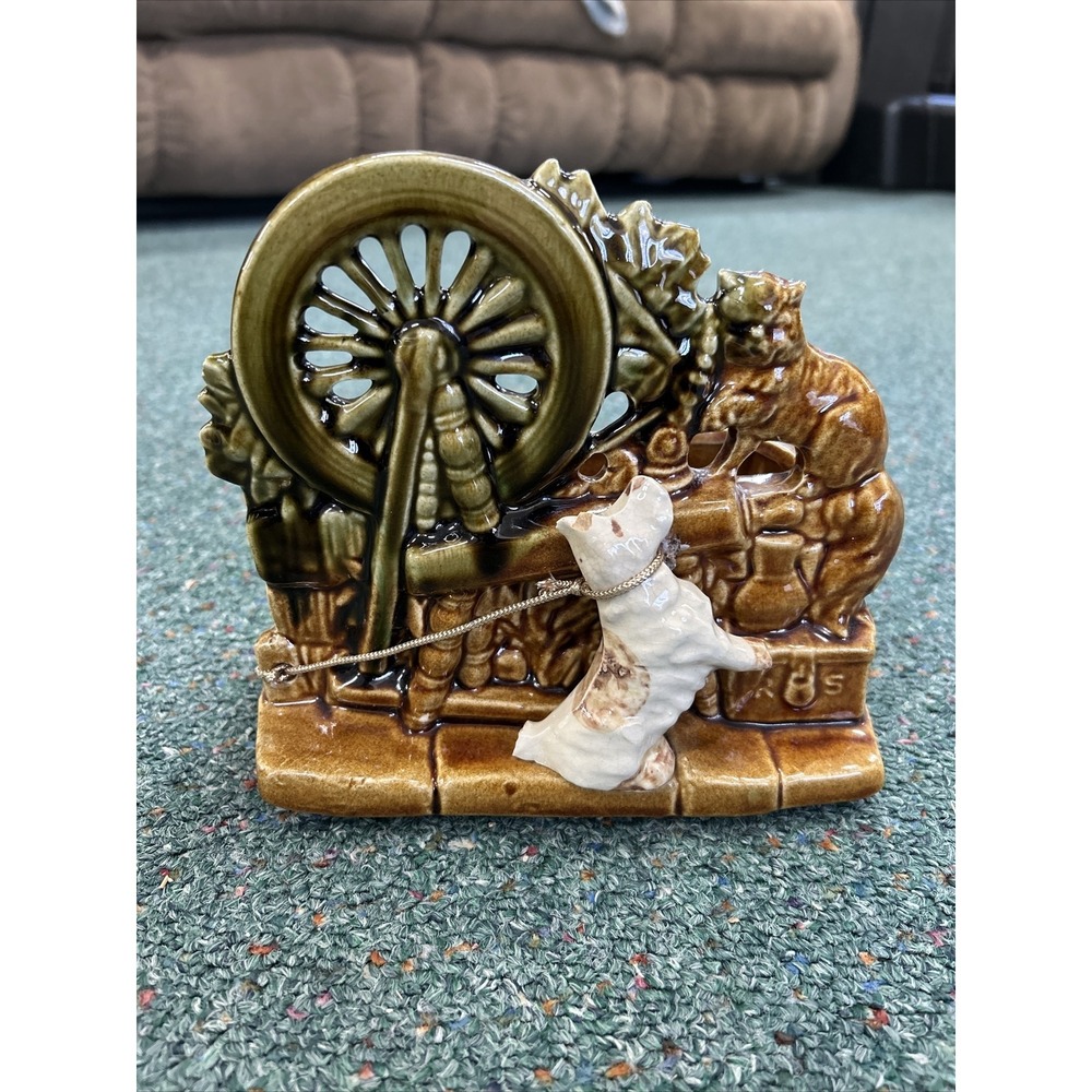 Vintage McCoy‎ Planter Spinning Wheel Cat White Scottie Dog Brown Green USA